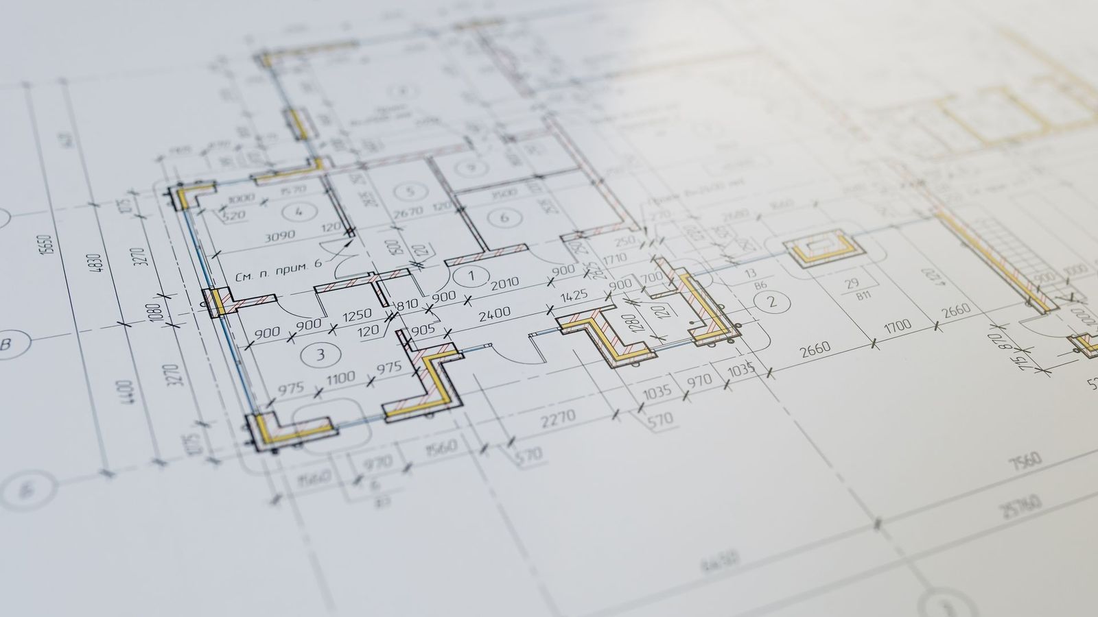 Close-up of an architectural floor plan used to estimate and bid a construction project