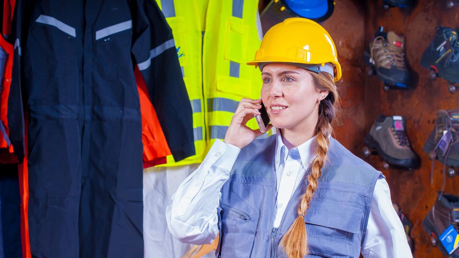 Female engineer in a hard hat and safety vest talking on her phone at an industrial job site